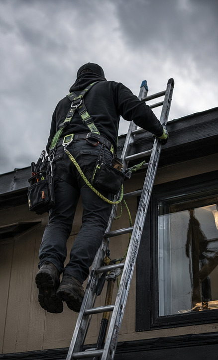 Roofer climbing a ladder toward a residential roofline