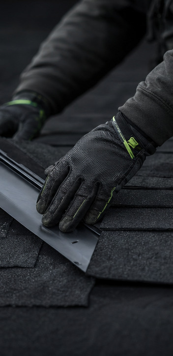 Gloved roofer inspecting roof shingles
