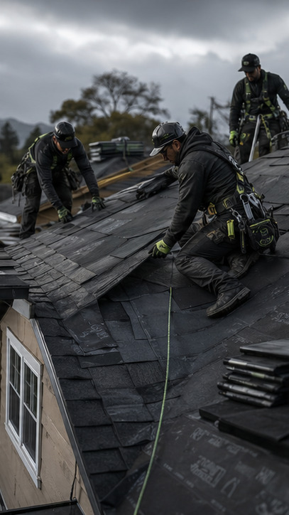 Roofing crew installing materials on a residential roof